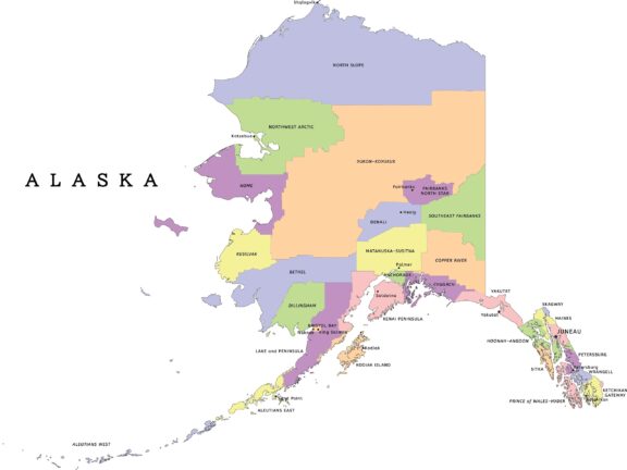 Alaska state administrative map with boroughs, census areas, and major cities.