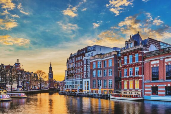 Traditional Amsterdam houses along the Amstel River