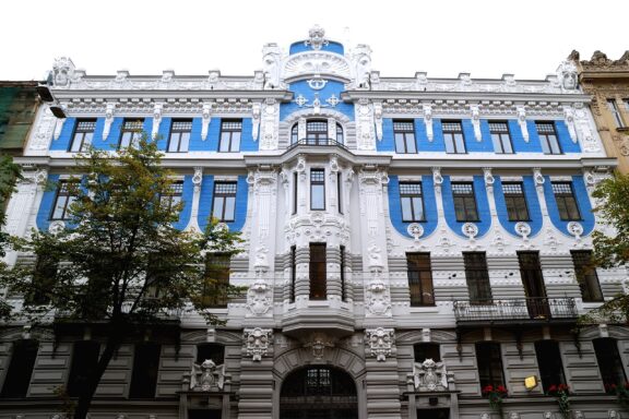 Blue and White Art Nouveau Building Facade in Riga Old building in Jugendstyle, Art Nouveau District in Riga