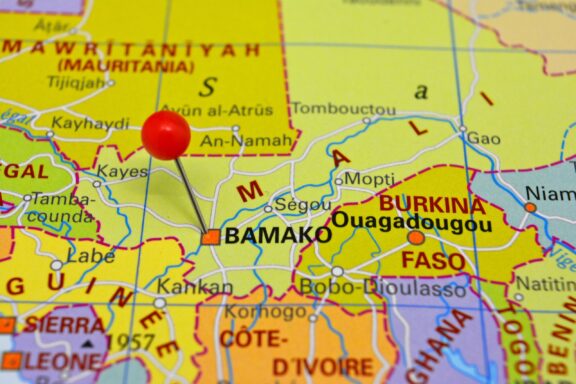 Map with Location Pin on Bamako, Mali Pinned down close-up location of Bamako, Mali