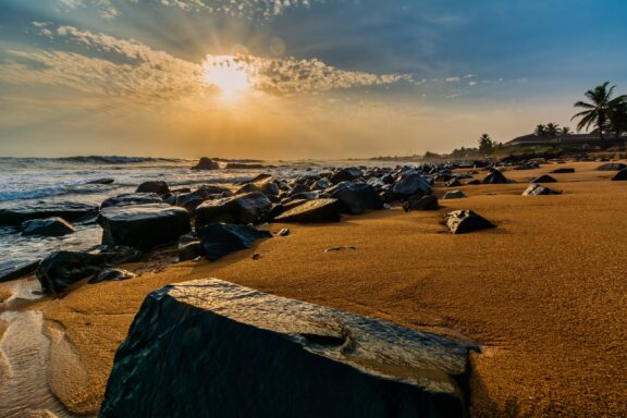Sunset at Rocky Beachfront Sophie Rock Beach near Congo Town, Monrovia