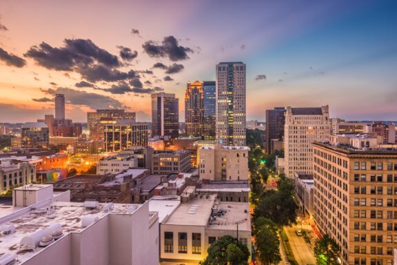 The city center of Birmingham, Alabama at dusk.