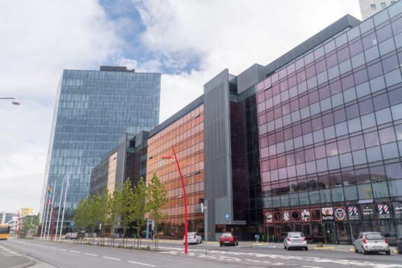 Modern Commercial Buildings in Urban Area Borgartún street in Reykjavik in the financial district