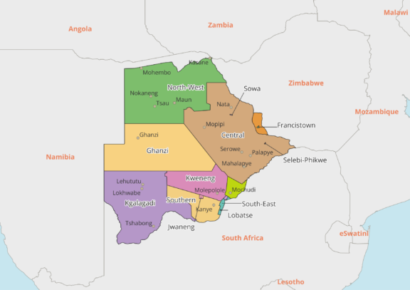 Botswana political map with cities and neighboring countries.