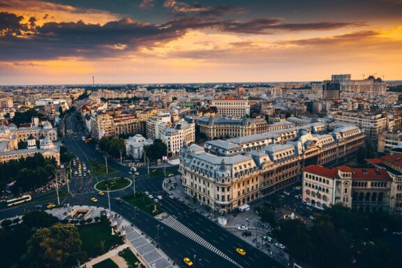 Bucharest Cityscape at Dusk Picturesque landscape over Bucharest during sunrise