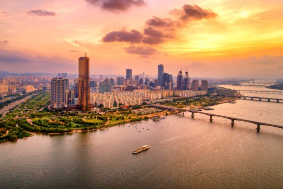 The 63 Building stands next to the Han River in Seoul, South Korea. 