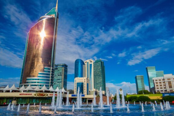 Downtown Skyline with Dancing Water Fountains Main business district in Nur-Sultan