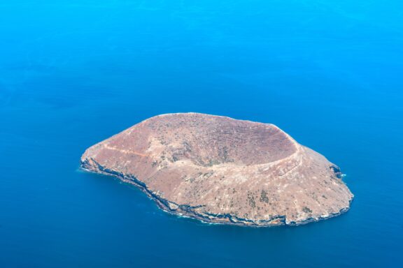 An aerial view of Daphne Major in the Galápagos Islands.