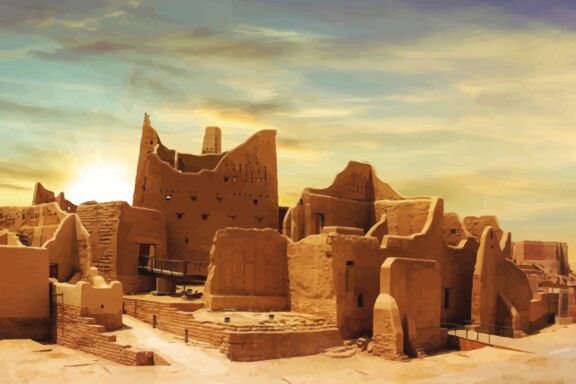 Sunset over Diriyah Adobe Structures in Riyadh Diriyah, a historical city located on the outskirts of Riyadh