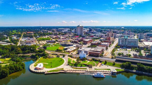 An aerial view of downtown Montgomery, Alabama on a clear, sunny day.