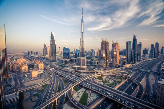 The Burj Khalifa towers over skyscrapers and highways in Dubai in the United Arab Emirates.