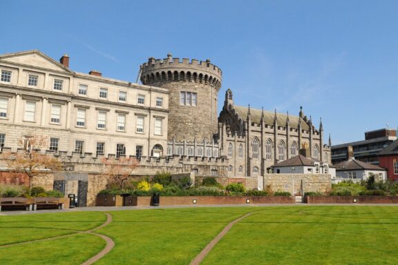 Dublin castle from dubh linn gardens on a sunny spring