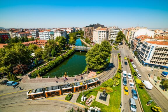 The Porsuk River flows through the center of Eskisehir in Turkey. 