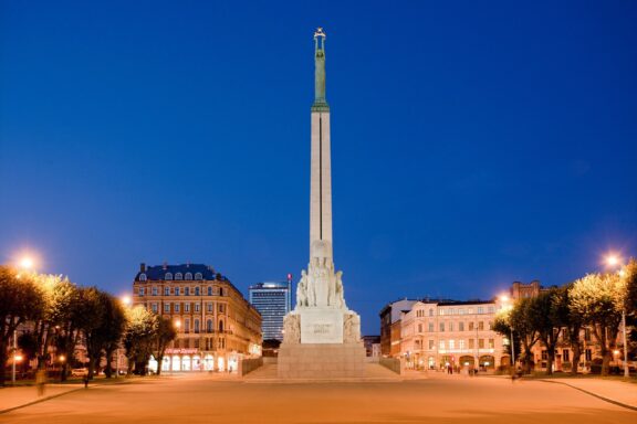 Twilight View of a Freedom Monument Freedom Monument in Riga, dedicated to the soldiers killed during the Latvian War of Independence