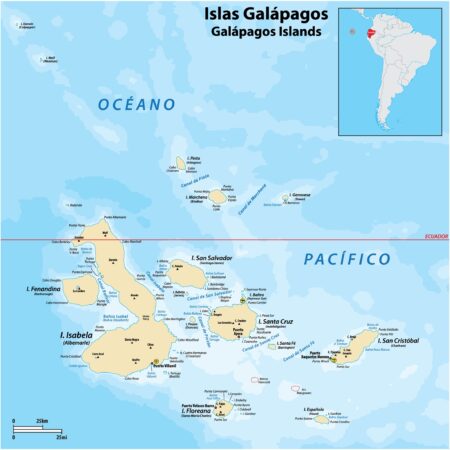 Map of the Galapagos Islands with location on South America Map.