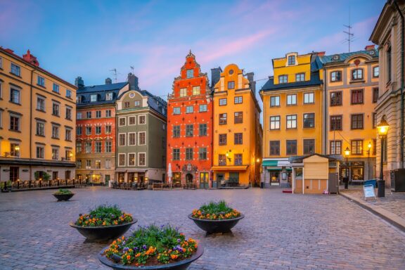 Twilight over Gamla Stan Square Stockholm old town city skyline cityscape of sweden at sunset