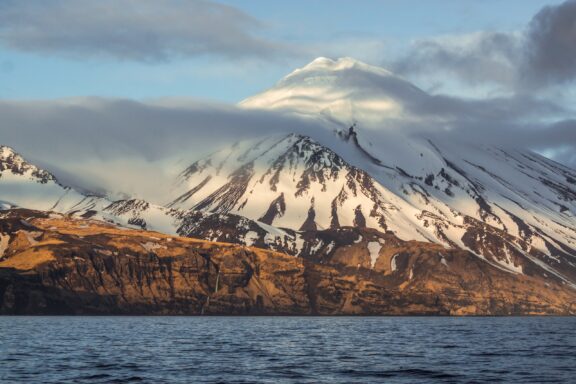 Great Sitkin Volcano stands over the water in the Aleutians West Census Area.