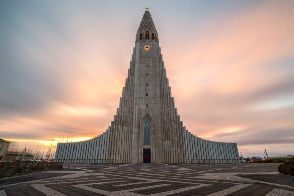 Hallgrimskirkja Church at Sunset Hallgrímskirkja Church, designed by Guðjón Samúelsson