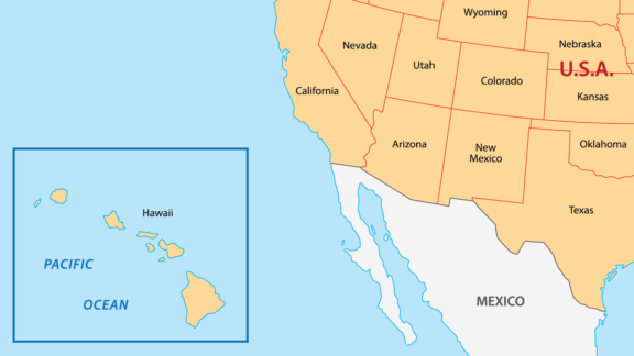 Map of Hawaii in the North Pacific Ocean showing part of the United States and Mexico.