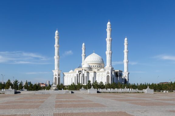 Hazrat Sultan Mosque under Blue Sky The Hazrat Sultan Mosque, completed in 2012, can accommodate up to 10,000 worshippers