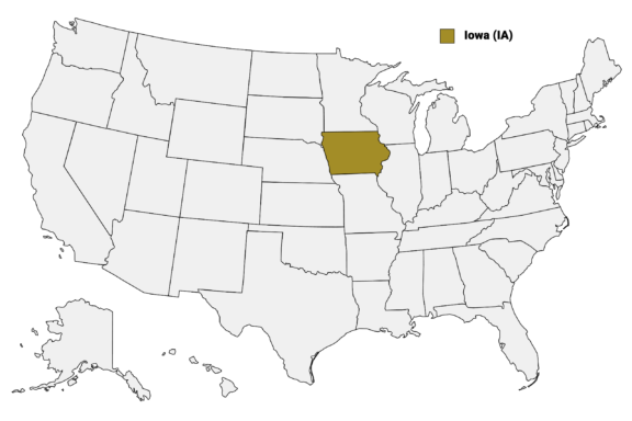 The State of Iowa highlighted on the US map.