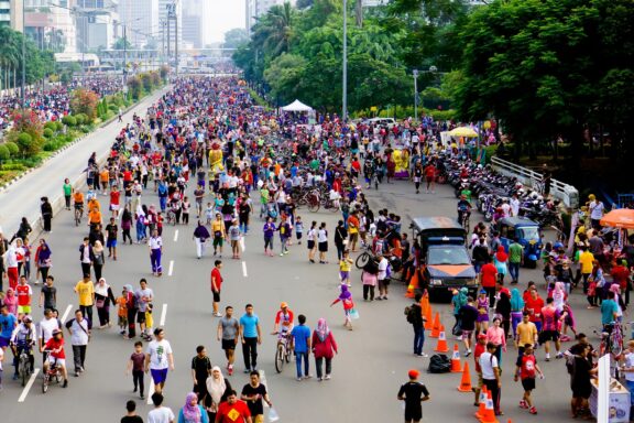 Crowded Street Scene During Car-Free Day in Jakarta Crowds in Jakarta during the Car-Free Day in Jakarta