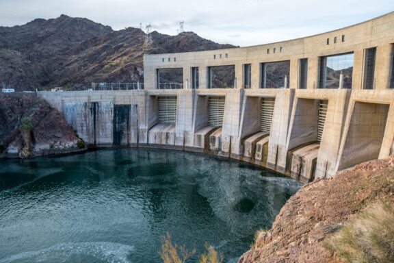 Parker Dam, the deepest in the world, holds back the Colorado River in La Paz County, Arizona.