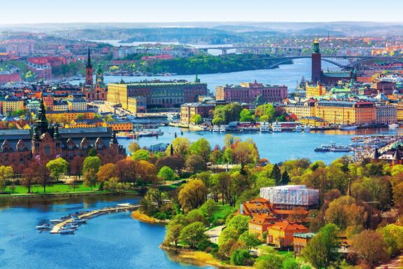 Aerial View of Stockholm Cityscape and Waterways The archipelagic landscape of Stockholm