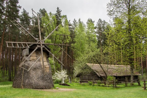 Traditional Windmill and Rustic House at Latvian Ethnographic Open-Air Museum Latvian Ethnographic Open-Air Museum