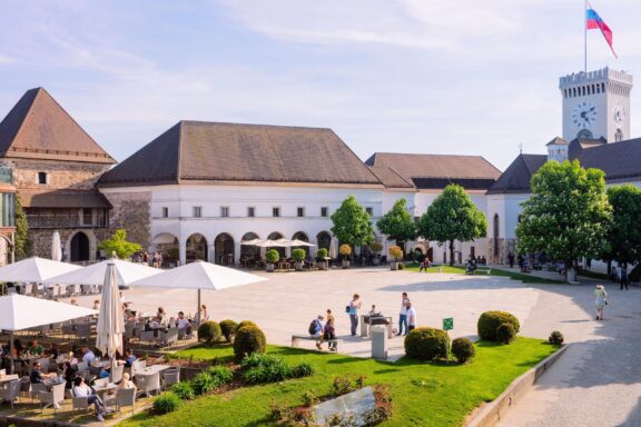 Inside the Ljubljana Castle, home to restaurants and cafes 