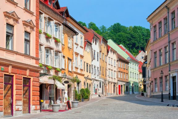 The Old Town of Ljubljana, characterized by narrow winding streets