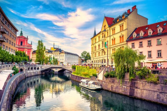 Boat on the Ljubljanica River, a popular way to explore Ljubljana.