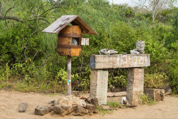 The historic barrel used for mail at Post Office Bay on Floreana Island.