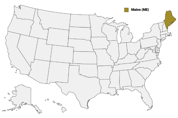 The State of Maine highlighted on the US map.