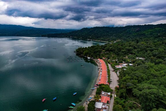 Aerial View of Lake Ilopango with Malecon, El Salvador Malecon Lake Ilopango, San Salvador