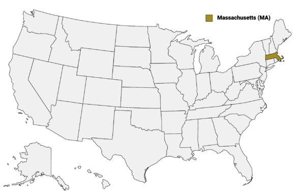 The State of Massachusetts highlighted on the US map.