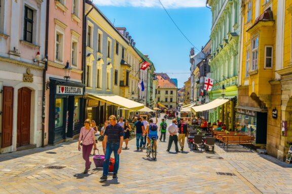 Locals stroll through Michalská ulica (Michalská Street)