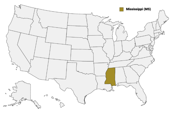 The State of Mississippi highlighted on the US map.