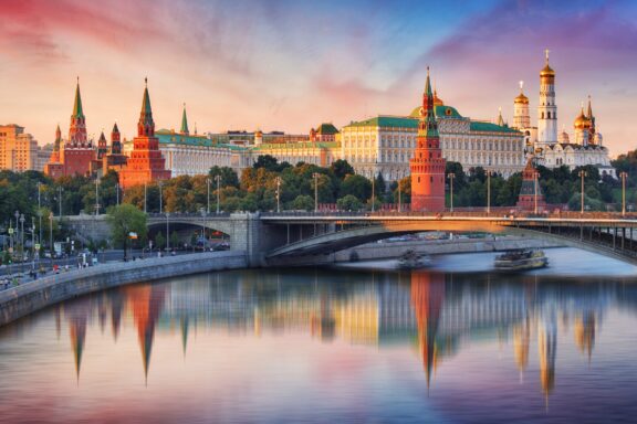 Skyline of Moscow with Moskva River in the foreground