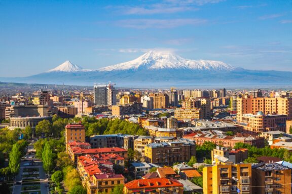 Turkey’s Mount Ararat towers in the distance beyond Yerevan, Armenia.