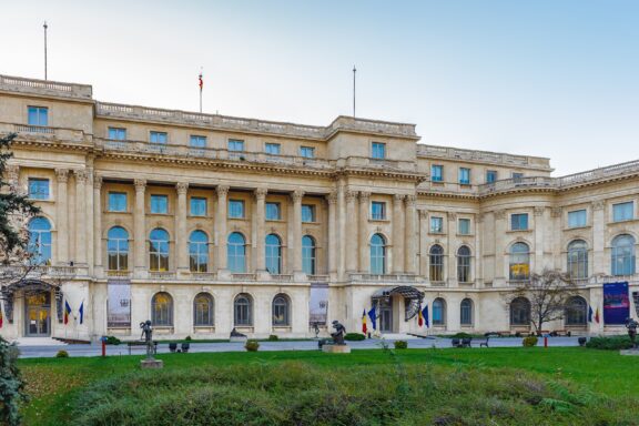 Exterior View of a Classical Museum Building Main entrance to the National Museum of Art in Bucharest