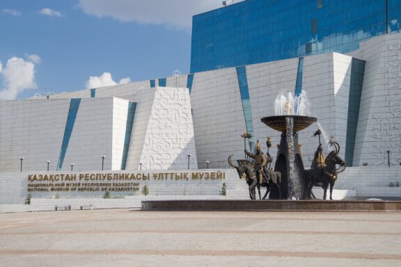 National Museum of Kazakhstan with Fountain and Sculptures The National Museum of Kazakhstan