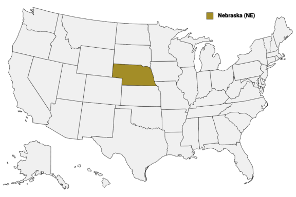 The State of Nebraska highlighted on the US map.