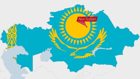 Kazakhstan map highlighted in kazakhstan flag colors and the new capital city Nur-Sultan.