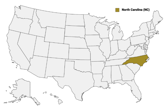 The State of North Carolina highlighted on the US map.