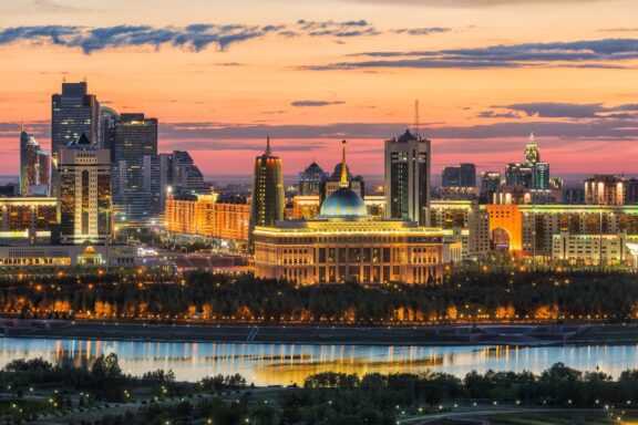 Nur-Sultan City Skyline at Dusk Skyline of Nur-Sultan at dawn