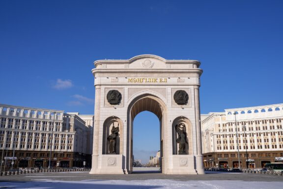 Triumphal Arch in Nur-Sultan against Blue Sky Triumphal Arch in Nur-Sultan to commemorate the 10th anniversary of the capital city's relocation