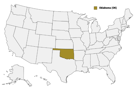 The State of Oklahoma highlighted on the US map.