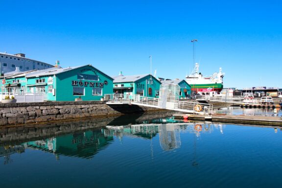 Old Harbour in Reykjavik with Green Buildings The Old Harbour, one of the oldest areas in Reykjavik