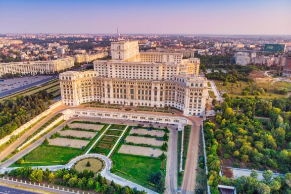 Aerial View of Large Government Building with Gardens Parliament building or people s house in bucharest city aerial view